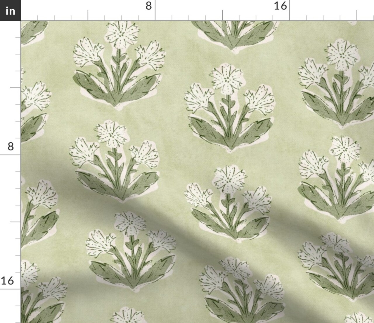 Traditional Botanical Block Print Cottagecore Grandmillennial Preppy Wildflowers Blossom Floral Garden Vintage Green And White Classic Boho Custom Printed Fabric by Spoonflower Various Fabrics by the Yard or Fat Quarter 15925327